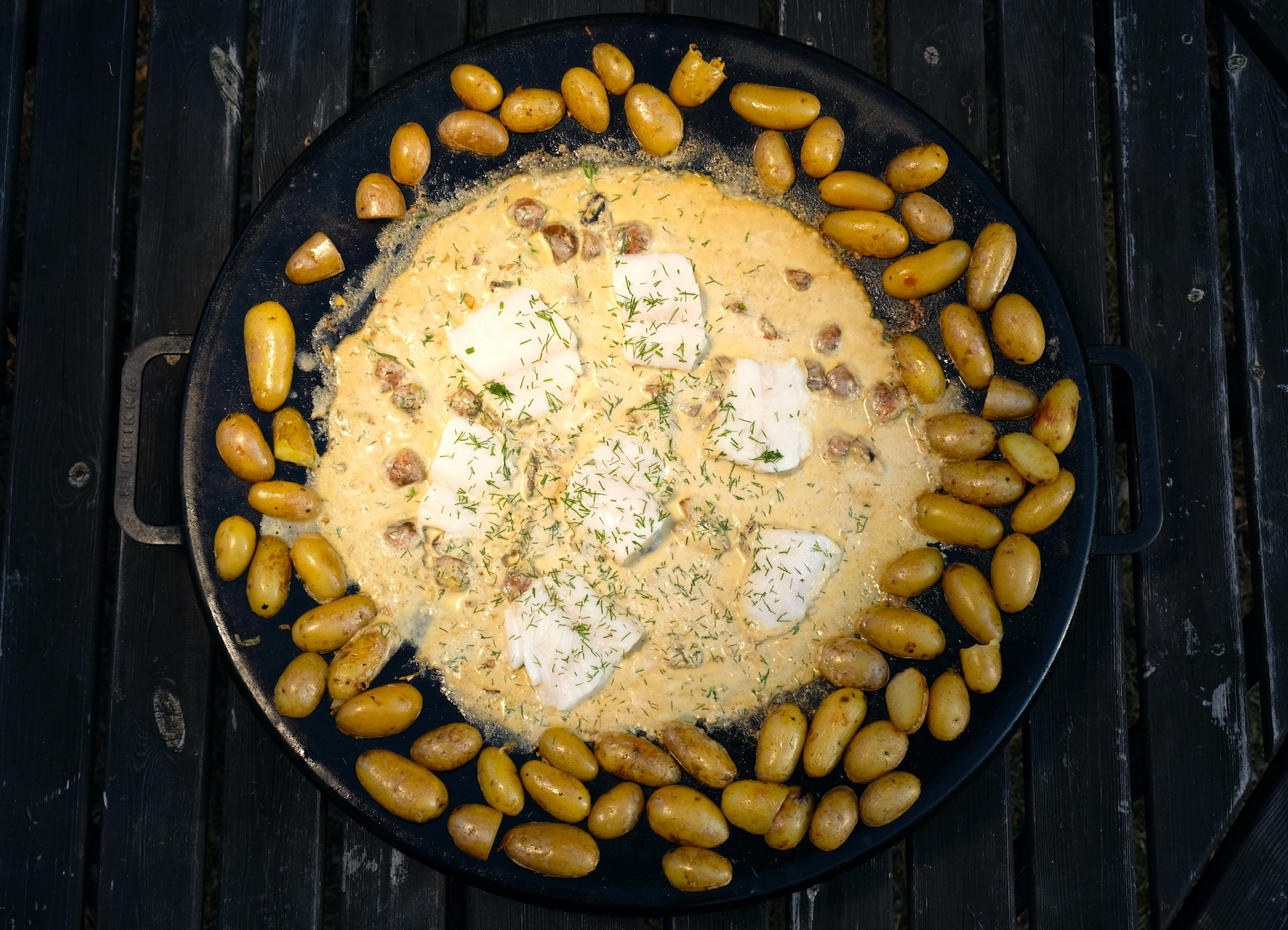Torskrygg med dijongrädde och stekt potatis